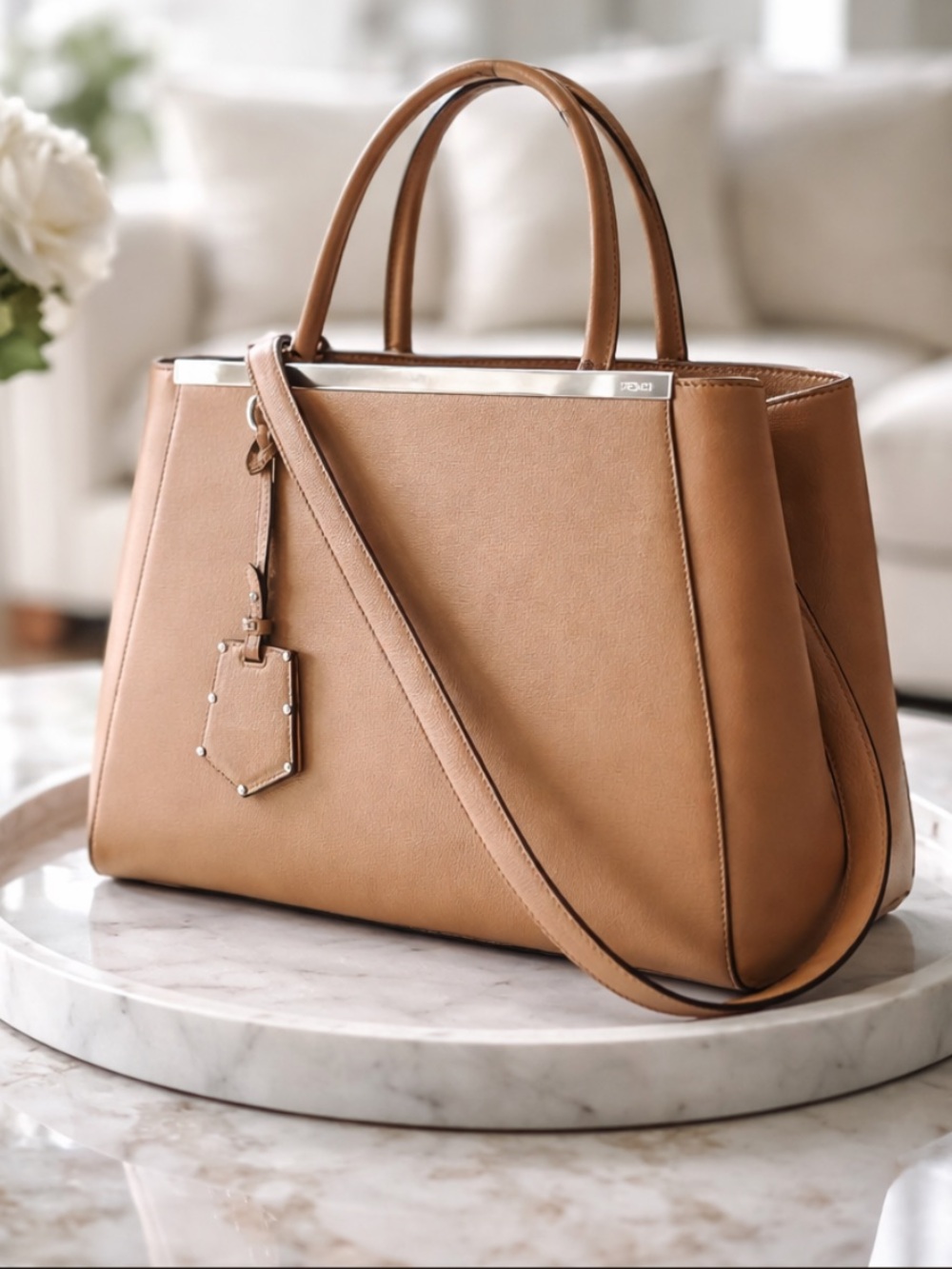 Fendi 2Jour Tote Handbag in Tan Leather-Style Finish.